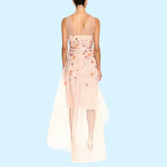 Marchesa Notte | 3D Floral Embroidered Hi-Low Gown in Blush | Size 6 - Picture 2 of 8